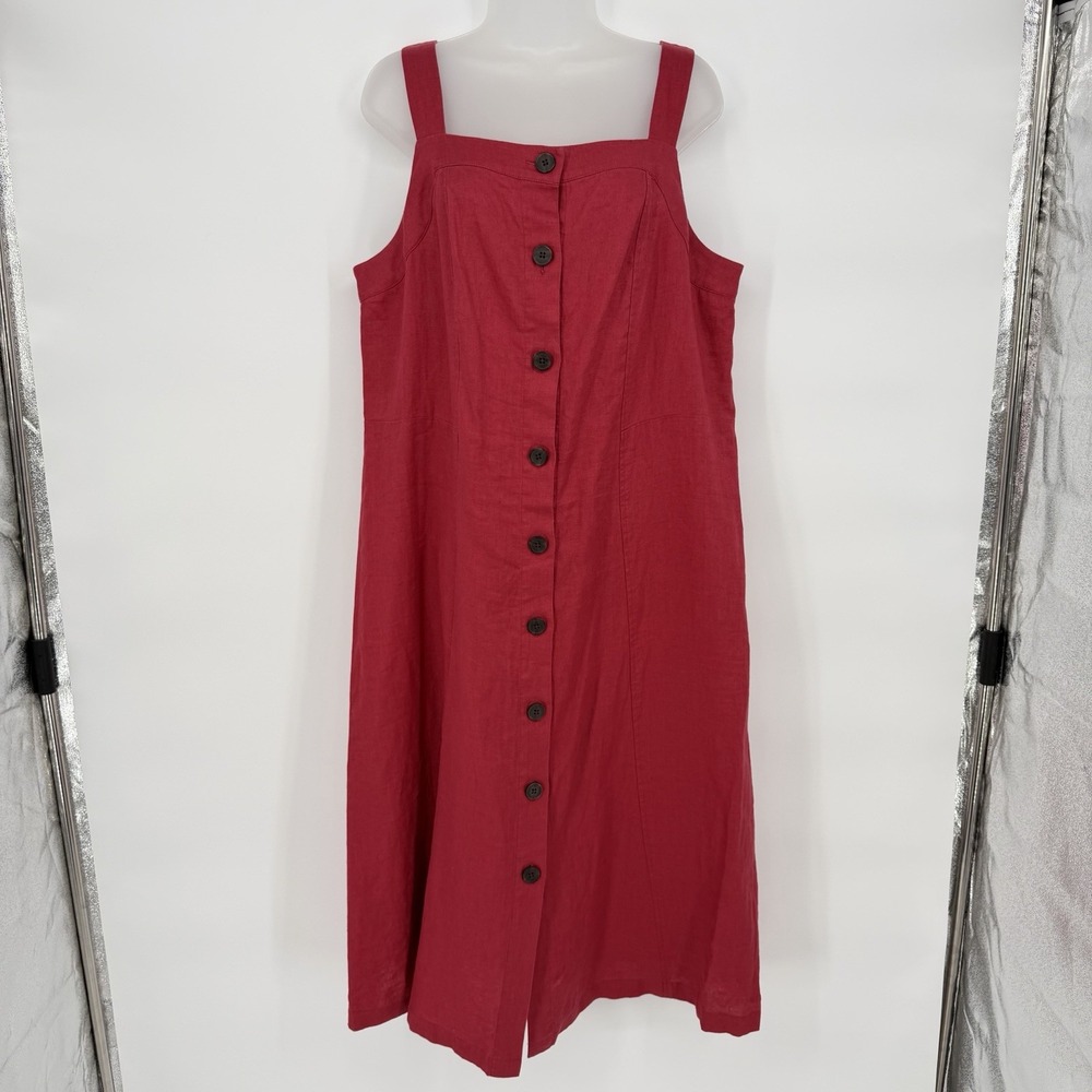 J Jill 100% Linen Red Sz L Button Down Sleeveless Midi Dress‎ Lagenlook Coastal - Picture 2 of 9